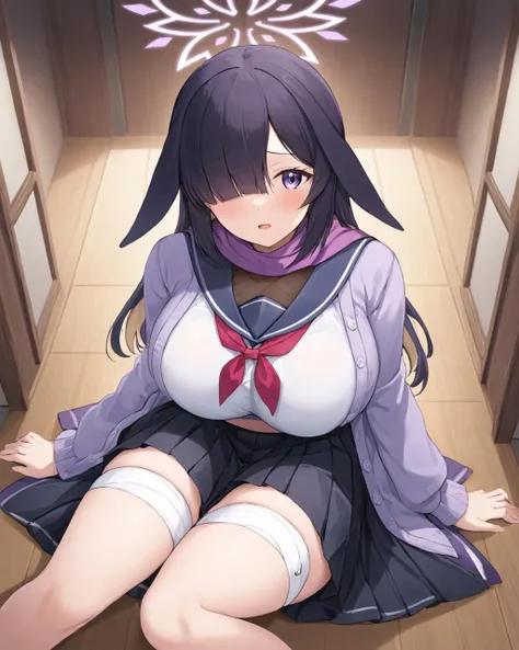 1 Girl, Long midnight purple hair, Golden light eyes, Sitting in the classroom, White modern school, Japanese cartoons