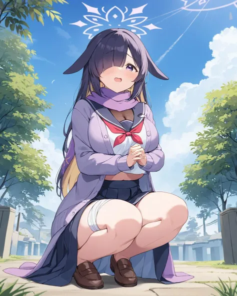 tsukuyo \(blue archive\),1girl, squatting, hair_over_one_eye, solo, bandaged_leg, halo, blush, outdoors, open_mouth, purple_scarf, neckerchief, tearing_up, long_sleeves, sailor_collar, long_skirt, white_serafuku, breasts, brown_footwear, thighs, jacket, blue_sky, from_below, open_cardigan, loafers
<lora:tsukuyo_(blue_archive)_image371_2023-11-28:1>halo. gorgeous,key visual, vibrant, studio anime,award-winning, professional, highly detailed,high budget, cinemascope