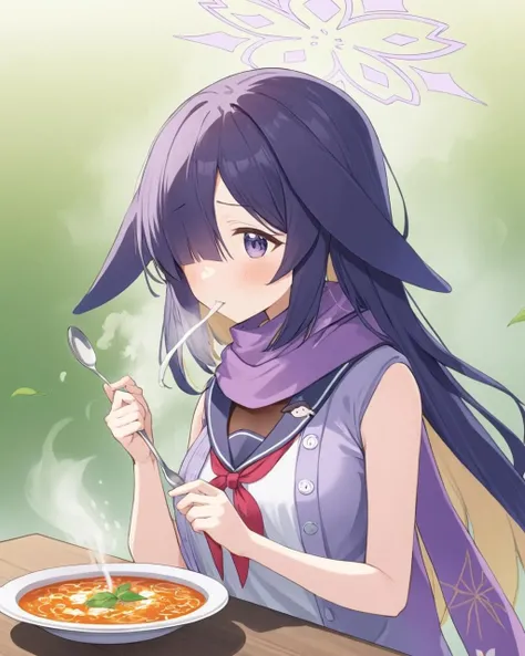 tsukuyo \(blue archive\),1girl, hair_over_one_eye, solo, holding, blush, purple_scarf, eating, soup, bare_arms, leaf_umbrella, hat, steam, gradient_background, gradient, white_background
<lora:tsukuyo_(blue_archive)_image371_2023-11-28:1>halo. gorgeous,key visual, vibrant, studio anime,award-winning, professional, highly detailed,high budget, cinemascope