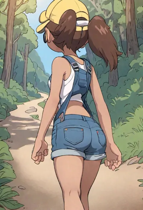 girl in spandex booty shorts, wearing oven mittens tucked in pockets, blindfold