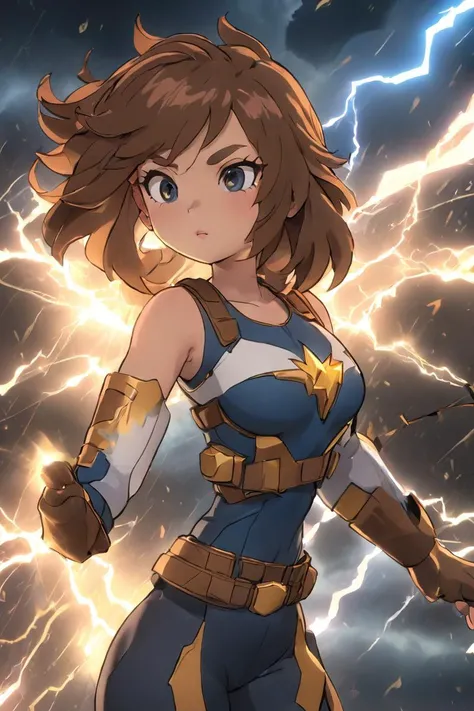 3d render, (masterpiece), best quality, highres, 4k, 8k, intricate detail, cinematic lighting, amazing quality, amazing shading, soft lighting, 1girl, Blunt haircut, large_teardrop_breasts, Heavyset body, dark eyes, Copper hair, surrounded by lightning, energy surge, floating hair, hero pose, emanating light, lightning eyes, glowing particles, at night, shrouded in darkness, stormy sky, full body, floating mid air, surrounded by sparks