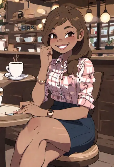 1girl, sitting in a coffee shop, big smile, coffee cup in hand, skirt, button up shirt