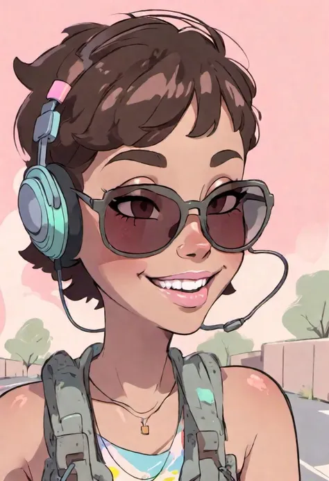 1girl, close up face, very messy short hair, freckles across bridge of nose and cheekbones, huge flirty smile, sunglasses with colored lenses, big chunky headphones
