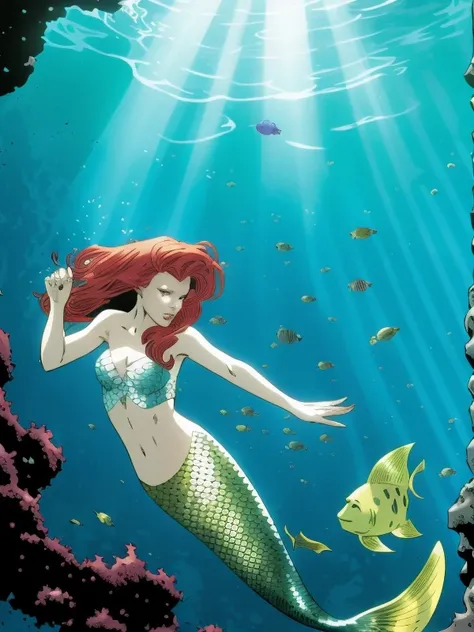 jamesdaly artstyle, little mermaid, red hair, long hair, mermaid, mermaid tail, underwater, masterpiece, detailed