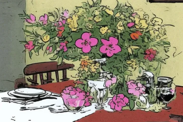 CavazzanoComics a pot of flowers on a table in a dining room <lora:CavazzanoStyle2:0.7>