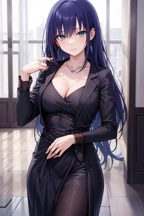 masterpiece, (best quality), 1woman,1girl ,ayano_yuugiri,  blue hair , jewelry,standing, formal dress ,best quality , (sfw), vibrant colors ,natural lighting  ,RTX,   beautiful, showcase, (photorealistic:1.1), 8k uhd,  looking a viewer,  simple backround