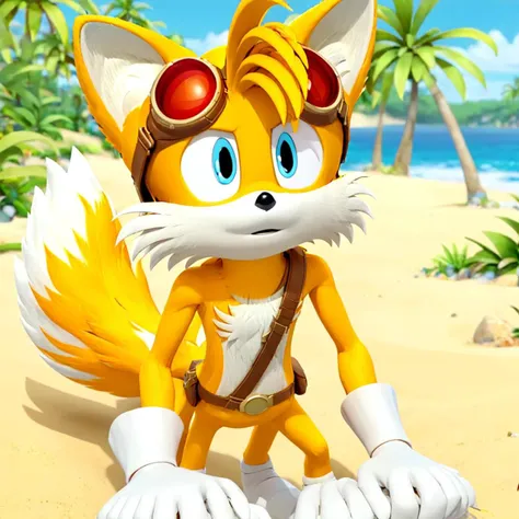 <lora:tails:1>tails_boom, solo, blue eyes, gloves, 1boy, animal ears, male focus, white gloves, fox ears, goggles, multiple tails, furry, goggles on ,furry male, animal nose, fox boy,  ocean, forest, coast, sand, palm, palms, trees, stones