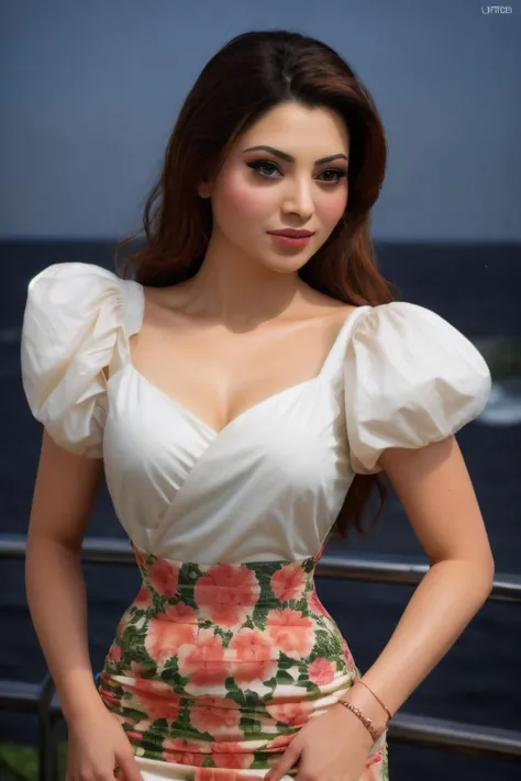 a woman urvi , aodai white, photo art, (flower), a stunning photo with beautiful saturation, ultra high res,(realistic:1.4)),deep shadow,(best quality, masterpiece), pale skin, dimly lit, shade, flustered, blush, highly detailed, skinny, BREAK depth of field, film grain, wrinkled skin, looking at viewer, knee, warm smile, (upper body), masterpiece,ultra realistic,32k,extremely detailed CG unity 8k wallpaper, best quality <lora:urvi:1>