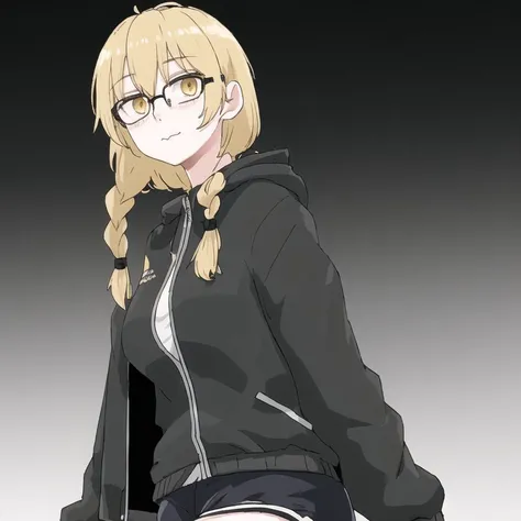 <lora:Jutofe_Akasonu:1.0>, 1girl, ahoge, ass, backlighting, bangs, bike shorts, black-framed eyewear, black jacket, black ribbon, black shorts, blonde hair, blush, braid, breasts, closed mouth, drawstring, french braid, gradient, gradient background, grey background, hair between eyes, hair bun, hair ribbon, highres, hood, hooded jacket, jacket, large breasts, long hair, long sleeves, looking at viewer, looking down, ribbon, semi-rimless eyewear, shorts, sidelocks, solo, track jacket, under-rim eyewear, yellow eyes