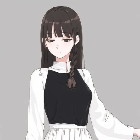 <lora:Jutofe_Akasonu:1.0>, 1girl, arms behind head, arms up, bangs, black hair, brown eyes, closed mouth, cropped torso, dress, frown, hair ornament, hairpin, highres, holding, long hair, long sleeves, simple background, solo, swept bangs, tying hair, white background, white dress, wide sleeves