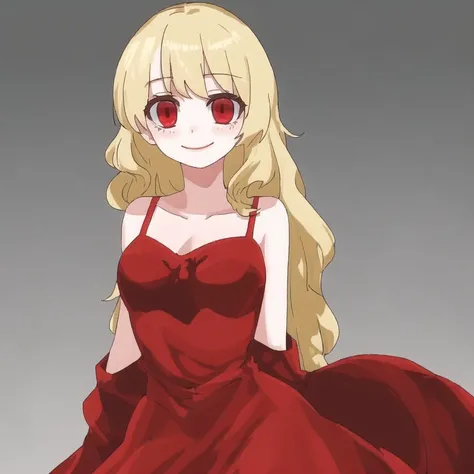 <lora:Jutofe_Akasonu:1.0>, blonde hair, dress, long hair, red eyes, smile