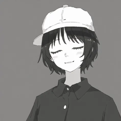 <lora:Jutofe_Akasonu:1.0>, ^ ^, ^o^, closed eyes, fang, greyscale, hat, highres, monochrome, pom pom \(clothes\), shaded face, short hair, tokin hat