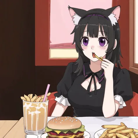 <lora:Jutofe_Akasonu:1.0>, 1girl, animal ears, bangs, black hair, blush, breasts, cat, cat ears, drink, drinking straw, eating, food, french fries, hairband, hamburger, neko no wakusei, open mouth, profile, puffy short sleeves, puffy sleeves, short sleeves, sitting, solo, table, violet eyes