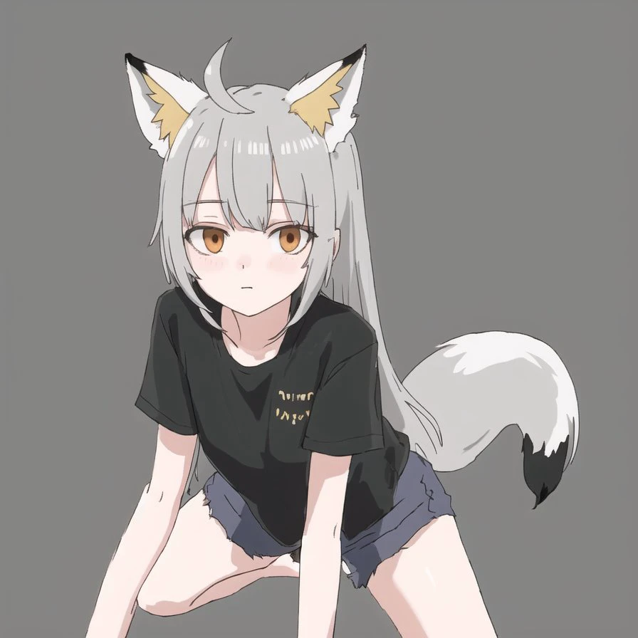 <lora:Jutofe_Akasonu:1.0>, 1girl, ahoge, animal ears, bare arms, bare legs, black shirt, feet out of frame, fox ears, fox tail, highres, long hair, shirt, short sleeves, shorts, silver hair, simple background, sketch, stretch, stretched limb, sumo!, tail, twitter username, very long hair, virtual youtuber