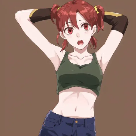 <lora:Jutofe_Akasonu:1.0>, 1girl, alternate costume, alternate hairstyle, arms behind back, arms up, brown eyes, collarbone, highres, looking at viewer, medium hair, midriff, navel, open mouth, ponytail, red eyes, redhead, ryouta \(ryouta335\), simple background, solo