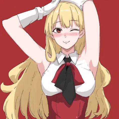 <lora:Jutofe_Akasonu:1.0>, 1girl, armpits, arms up, ascot, blonde hair, blush, closed mouth, gloves, long hair, looking at viewer, magical girl, one eye closed, red eyes, simple background, solo, white background, white gloves, yellow neckwear