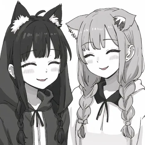 <lora:Jutofe_Akasonu:1.0>, 2girls, ahoge, animal ear fluff, animal ears, bangs, blush, bone hair ornament, braid, cartoon bone, cat ears, closed eyes, dog ears, drawstring, eyes visible through hair, facing another, greyscale, hair between eyes, hair ornament, hair over shoulder, hands up, hood, hood down, hoodie, long hair, looking at another, low twintails, monochrome, multiple girls, parted lips, simple background, smile, twin braids, twintails, upper body, virtual youtuber, white background