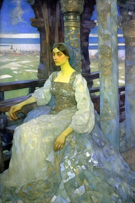 <lora:Mikhail Vrubel Style:1>Mikhail Vrubel Style - Mikhail Vrubel painting, beautiful tsarevna sitting in the terem