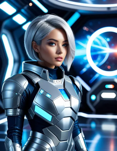 sci-fi style 4K quality, digital drawing mode, space bounty hunter-themed female character, short silver hair styled in a messy bob, wearing a sleek silver and blue armored suit with high-tech gadgets attached, holding a plasma blaster in one hand and a holographic tracker in the other, standing in a futuristic space station with planets visible in the background, radiant skin, confident and mischievous expression, full body, dynamic pose as she readies for a space chase, life size, perfect anatomy, detailed skin texture, full HD, 4K, HDR, perfect anatomy, depth of field., futuristic, technological, space themes, advanced civilizations, light leaks, lens flares