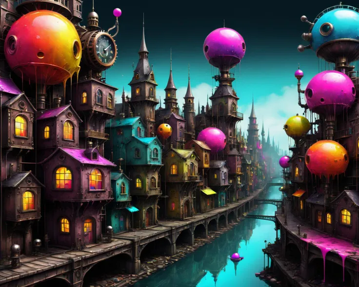 drkkaw, colorful surrealism, little kawaii city, color splash, vibrant colors, 10k high resolution, great quality, highly detailed, surreal steampunk, dark surrealism, <lora:Drkkaw:0.6>