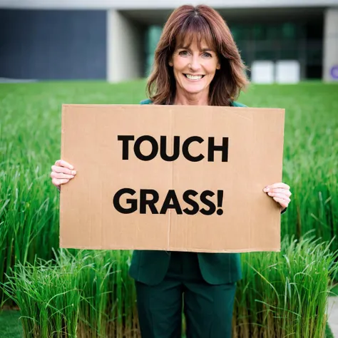 photo of a woman holding a sign that says "TOUCH GRASS!"