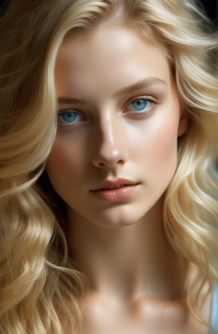 1 girl, a superrealistic photograph, of 20 y.o white female, ray tracing, realistic reflection, realistic shadow, (reflects white skin colors:1.1), beautiful realistic lighting effect, wind blown hair, (pale blue eyes), light blonde medium hair, (smooth chin), global illumination, indirect lighting, soft lighting, weak ambient lighting, natural color, staring at viewer, (photograph by hyperrealism, (photograph by gustav klimt, by Roberto Bernardi, by Mike dargas, by Nelson Alexander):1.3)