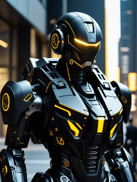 long shot body view of extremely detailed and intricate (intimidating:1.2) matte_black and (yellow:0.1) cybermech android, cinematic photo, (((((focus))))), film, professional, 4k, highly detailed