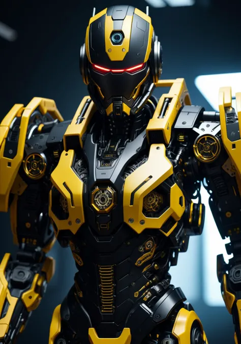 long shot upper body view of extremely detailed and intricate (intimidating:1.2) matte_black and (yellow:0.1) cybermech android, cinematic photo, (((((focus))))), film, professional, 4k, highly detailed
