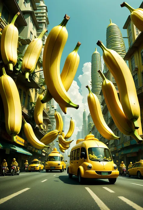 a busy city in a surreal fantasy banana world, banana buildings, banana vehicles driving by, flying bananas, yellow ambient, low-angle view from the middle of a road
