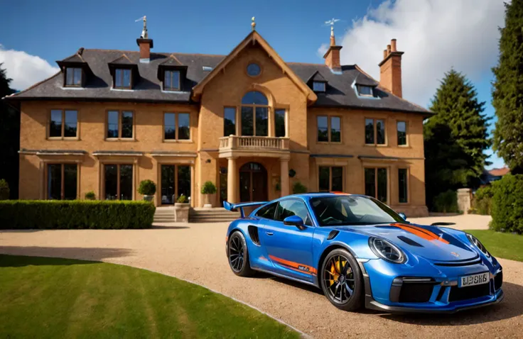 a dark blue Porsche 911 GT3 RS Turbo, the number plate spelling R A C E R 9 1 1 , parked in front of a hyper modern esteemed mansion with futuristic architectural features , (photorealistic:1.4), (perfect composition, perfect pose, photography:1.55), dramatic angle, lens flare, (chromatic aberration:1.1), (caustics:1.1), highly detailed, cinematic lighting, Soft natural lighting, evening light, hyper detailed, elaborate, high quality, masterpiece ,ray tracing, 8k, UHD, absurdres,
