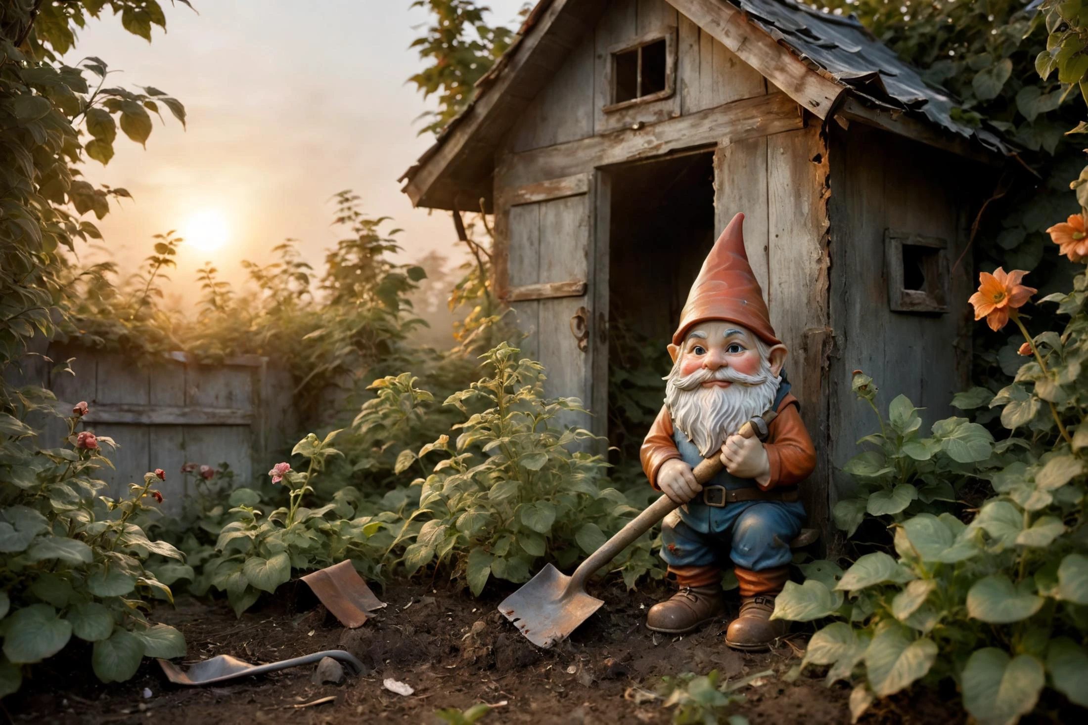 a garden gnome is sitting in an overgrown garden with a ruined garden shed, holding a rusty shovel, foggy evening, sunset, centered, highly detailed, photorealistic, RAW photo, Haselblad <lora:add-detail-xl:3> <lora:neg4all_bdsqlsz_xl_V7:0.8> <lora:Aether_Aqua_v1_SDXL_LoRA:0.75>