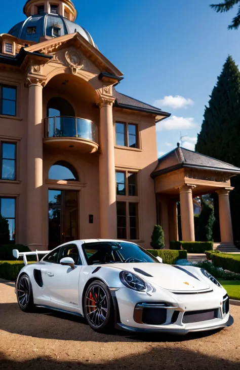a Porsche 911 GT3 RS Turbo parked in front of a hyper modern esteemed mansion with futuristic architectural features , (photorealistic:1.4), (perfect composition, perfect pose, photography:1.55), dramatic angle, lens flare, (chromatic aberration:1.1), (caustics:1.1), highly detailed, cinematic lighting, Soft natural lighting, evening light, hyper detailed, elaborate, high quality, masterpiece ,ray tracing, 8k, UHD, absurdres,