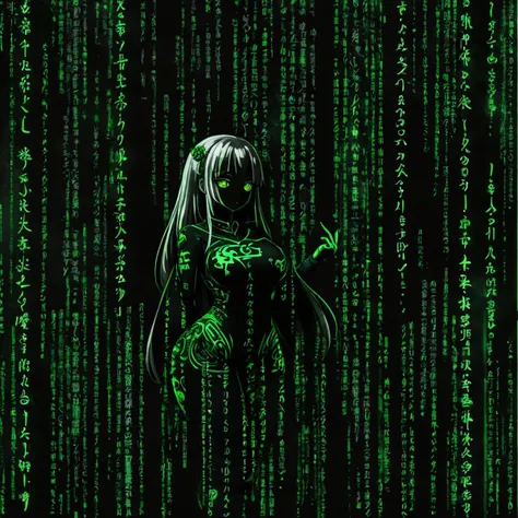 1girl made of green falling code, ascii art, sexy , afterword, blush, breasts, credits, credits page, english text, framed breasts, hair between eyes, hair ornament, heart, japanese clothes, large breasts, long hair, looking at viewer, monster girl, no pussy, open book, petite, pixiv id, saliva, smile, solo, suggestive fluid, symbol-shaped pupils, text focus, undead, wall of text, watermark, web address, white hair, magic swirling green kanji, green kanji on dress