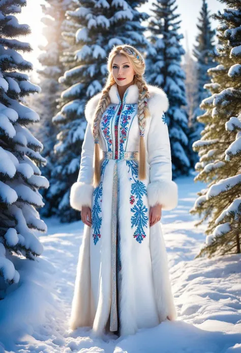 ((Masterpiece, best quality,edgQuality)),
((one beautiful Russian Snow Maiden)) (standing:2) in the snowy forest, blond hair, two tight blond long braids up to the waist, long white fur coat up to the floor embroidered with sparkling sparkling Russian multicoloured patterns, fur mittens embroidered with Russian multicoloured patterns, small Christmas trees sticking out of the snow, winter, a bright sunny frosty day, the whole earth is covered with snow, fluffy Christmas trees in the snow, Snow Maiden's footprints in the snow,
snow sparkles under the rays of the sun, looks at the viewer, cheerful calm kind look, kind smile, teeth, red cheeks, extremly detailed face, beautiful cute face, lips,
perfect face,
bullfinches and tits are sitting on Christmas trees, white hares and fluffy squirrels are sitting between the trees,
by Vasnetsov, by Surikov, by Rimsky-Korsakov,