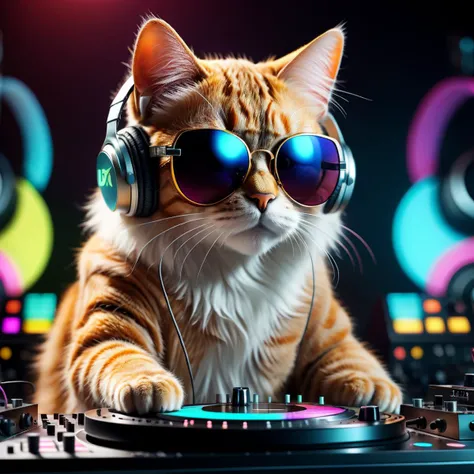 8k uhd rtx on cinematic artistic photoreal best quality high resolution, A Cat DJ, wearing sunglasses and headphones, working the turntables as a DJ