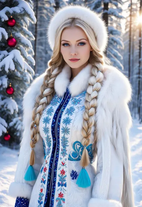((Masterpiece, best quality,edgQuality)),
((18 yo, slim beautiful Russian Snow Maiden)) (standing:2) in the snowy forest, blond hair, two tight blond long braids up to the waist, long white fur coat up to the floor embroidered with sparkling sparkling Russian multicoloured patterns, fur mittens embroidered with Russian multicoloured patterns, small Christmas trees sticking out of the snow, winter, a bright sunny frosty day, the whole earth is covered with snow, fluffy Christmas trees in the snow, Snow Maiden's footprints in the snow,
snow sparkles under the rays of the sun, looks at the viewer, cheerful calm kind look, kind smile, teeth, red cheeks, extremly detailed face, beautiful cute face, lips,
perfect face,
bullfinches and tits are sitting on Christmas trees, white hares and fluffy squirrels are sitting between the trees,
by Vasnetsov, by Surikov, by Rimsky-Korsakov,