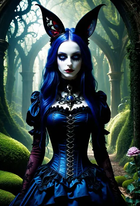 20 year old girl with blue skin, black hair with metallic blue highlights, wearing a gothic 
Without eyes, bowls 
Empty eyes
jester costume
Wearing a harlequin mask covering his face made of porcelain,Jester carnival mask 
