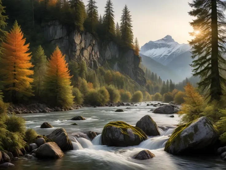 viewed from a broad river disappearing into the distance, whitewater rapids, distant snow-capped mountains, dusk, misty, sunset, rocks, many tall trees, ivy, green, brackish water, small waterfall, reflections, leaves in the water, in the style of a canadian forest in autumn, by Brigitte granton, professional photography, extremely detailed, ultra hd, max detail, sharpen, sharp details, amazing quality, incredibly detailed, negative space, hyperdetailed, Textured skin, 4k, super detail,

