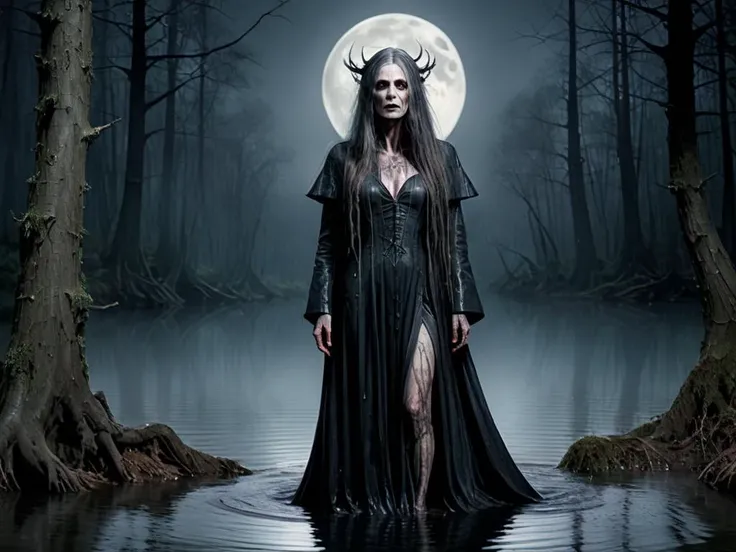 (ultra-realism painting:1), extremely detailed, (water color:0.7), 

gothic, evil crone, decaying skin, long lank hair, standing in water, standing in the middle of a dark dank forest at night, wearing a full-length dark coat with shiny black fittings,

arms raised,

full moon,

putrid river in background,

Canon EF 50mm f/1.2L USM lens at f/2.0, ISO 100, 1/200s,

petite, small chest,
highly detailed eyes and eye lashes,

(((((sharp focus))))),
