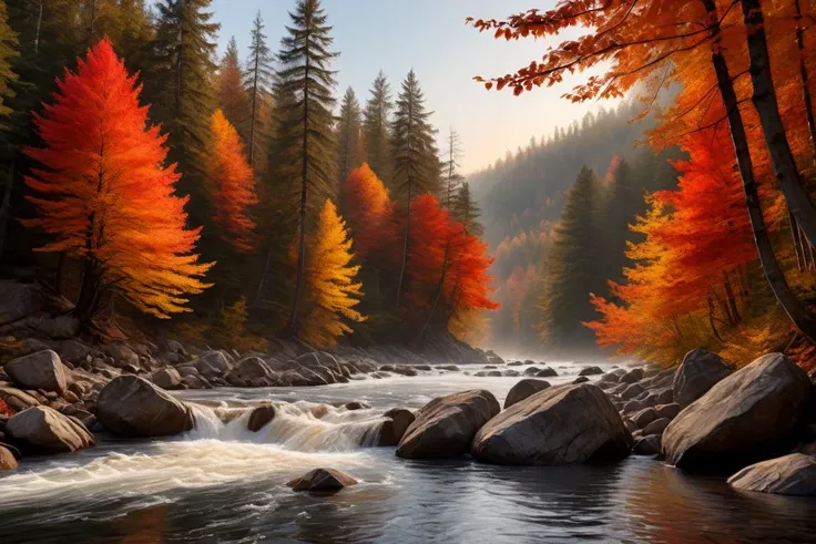 viewed from a broad river disappearing into the distance, whitewater rapids, dusk, misty, sunset, rocks, many tall trees, crystal clear water, small waterfall, reflections, leaves in the water,
in the style of a canadian forest in the autumn, many red and golden leaves,
professional photography, extremely detailed,
ultra hd, max detail, sharpen, sharp details, amazing quality, incredibly detailed, negative space, hyperdetailed, Textured skin, 4k, super detail