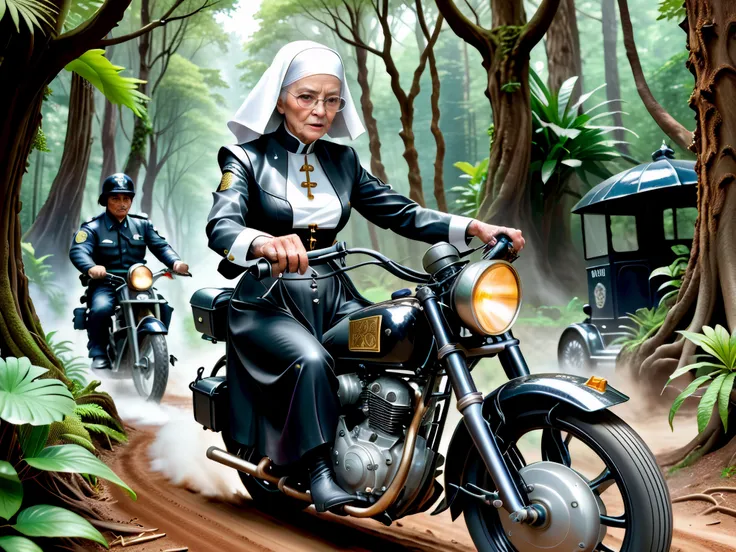 (semi-realism painting:0.5), extremely detailed, (water color:0.7),
(steampunk-inspired:1). A photo of an (angry 80yo nun:1.5) riding a steam-punk powered motorbike, through beverly hills, gripping the handlebars, (chased by police:1.4), palm trees,
Canon EF 50mm f/1.2L USM lens at f/2.0, ISO 100, 1/200s,
(((((focus))))),