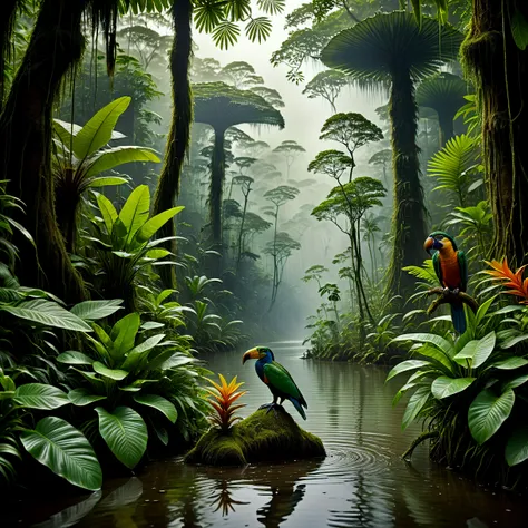 The Amazonian rainforest, a vast and enchanting ecosystem, thrives with unparalleled biodiversity and verdant beauty. Towering trees with emerald canopies create a dense and intricate tapestry, where vibrant flora and fauna coalesce in a harmonious symphony of life. A murky stream, meandering through the heart of this lush wilderness, adds an ethereal quality to the landscape. The water, tinted with the rich hues of the forest, winds its way through the thick undergrowth, carrying the secrets of the rainforest within its mysterious currents. The air is heavy with humidity, and the sounds of exotic birds, buzzing insects, and the occasional rustle of unseen creatures blend together to create a captivating melody that echoes through the verdant expanse. This Amazonian masterpiece, teeming with life and shrouded in an aura of mystery, stands as a testament to the awe-inspiring wonders of the natural world. (Exotic birds:0.3).

professional photography, extremely detailed, 

ultra hd, max detail, sharpen, sharp details, amazing quality, incredibly detailed, negative space, hyperdetailed, Textured skin, 4k, super detail,
