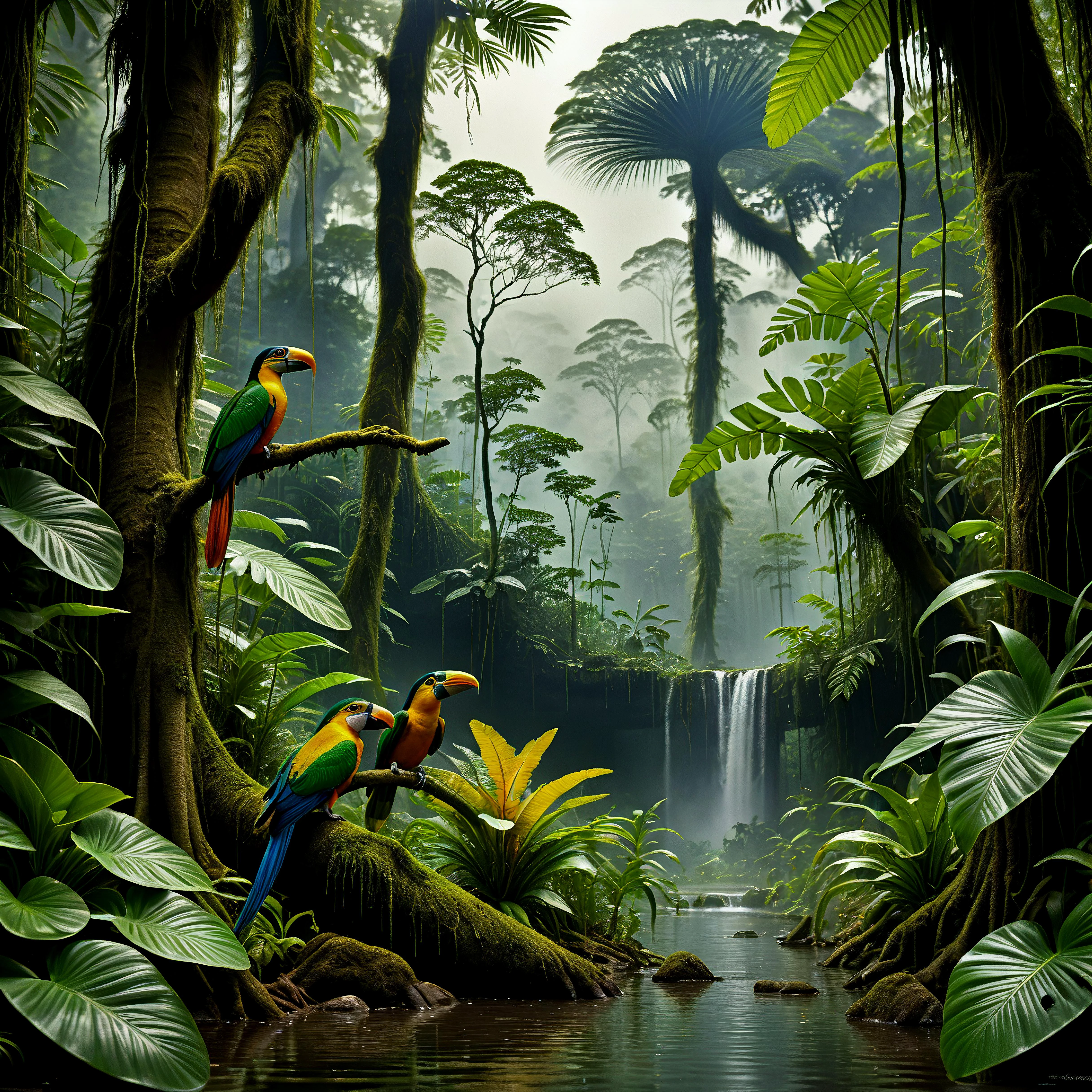 The Amazonian rainforest, a vast and enchanting ecosystem, thrives with unparalleled biodiversity and verdant beauty. Towering trees with emerald canopies create a dense and intricate tapestry, where vibrant flora and fauna coalesce in a harmonious symphony of life. A murky stream, meandering through the heart of this lush wilderness, adds an ethereal quality to the landscape. The water, tinted with the rich hues of the forest, winds its way through the thick undergrowth, carrying the secrets of the rainforest within its mysterious currents. The air is heavy with humidity, and the sounds of exotic birds, buzzing insects, and the occasional rustle of unseen creatures blend together to create a captivating melody that echoes through the verdant expanse. This Amazonian masterpiece, teeming with life and shrouded in an aura of mystery, stands as a testament to the awe-inspiring wonders of the natural world. (Exotic birds:0.3).
professional photography, extremely detailed,
ultra hd, max detail, sharpen, sharp details, amazing quality, incredibly detailed, negative space, hyperdetailed, Textured skin, 4k, super detail,