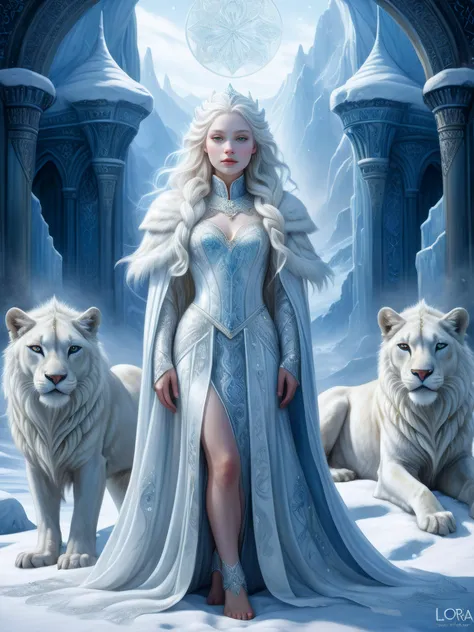 ((Masterpiece, best quality,Edge Quality)), 

detailed soft oil painting, detailed background, dramatic cinematic lighting,

a portrait of a 24yo snow queen, wearing intricately detailed flowing robes, a mystical albino snow lioness lies by her side, face up, detailed face,

full body view,

background is an elaborate ice kingdom,

<lora:add-deatail-xl:0.8>