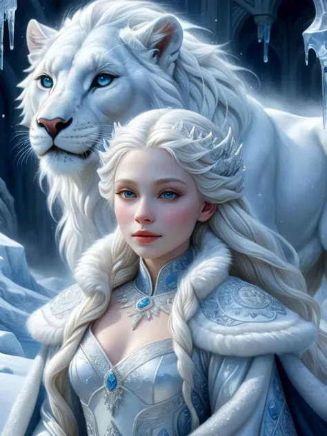 ((Masterpiece, best quality,Edge Quality)),
detailed soft oil painting, detailed background, dramatic cinematic lighting,
a portrait of a 24yo snow queen, wearing intricately detailed flowing robes, a mystical albino snow lioness lies by her side, face up, detailed face,
full body view,
background is an elaborate ice kingdom,
<lora:add-deatail-xl:0.8>