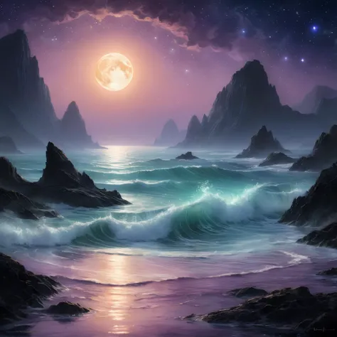 The ocean, a canvas splashed with the twilight's palette, whispers secrets in the dance of phosphorescent waves. Gentle ripples shimmer with an ethereal light, each crest a crown of liquid moonbeams. As the sun dips below the horizon, the deeps cast a spellbinding spell, their sapphire heart suffused with an emerald fire. This is not mere luminescence, but a siren call, an invitation to dive into the mysteries that glimmer just beyond the reach of the fading light. It is a promise of wonder, a whispered tale of hidden treasures guarded by the whispering tide. So succumb to the alluring glow, let it draw you in, and lose yourself in the magic of an ocean bathed in starlight.
Alien landscape, alien skies, alien world, planetoids, mauve