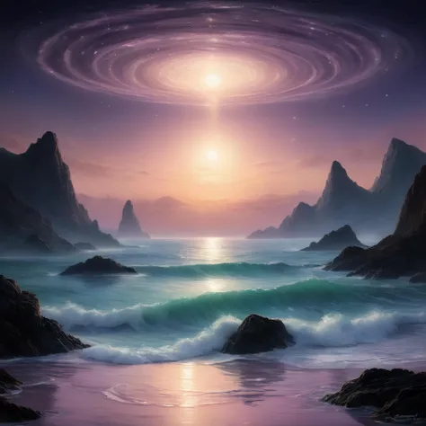 The ocean, a canvas splashed with the twilight's palette, whispers secrets in the dance of phosphorescent waves. Gentle ripples shimmer with an ethereal light, each crest a crown of liquid moonbeams. As the sun dips below the horizon, the deeps cast a spellbinding spell, their sapphire heart suffused with an emerald fire. This is not mere luminescence, but a siren call, an invitation to dive into the mysteries that glimmer just beyond the reach of the fading light. It is a promise of wonder, a whispered tale of hidden treasures guarded by the whispering tide. So succumb to the alluring glow, let it draw you in, and lose yourself in the magic of an ocean bathed in starlight.
Alien landscape, alien skies, alien world, planetoids, mauve