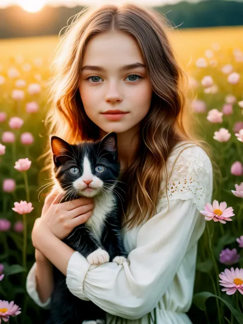 portrait of a sweet-faced innocent 26yo, 
by Olivia Bee, holding a kitten in the middle of a field of flowers, warm glowing skin,

<lora:JuggerCineXL2:0.8>,

ZipRealism, Zip2D, SK_CINEMATIC, 