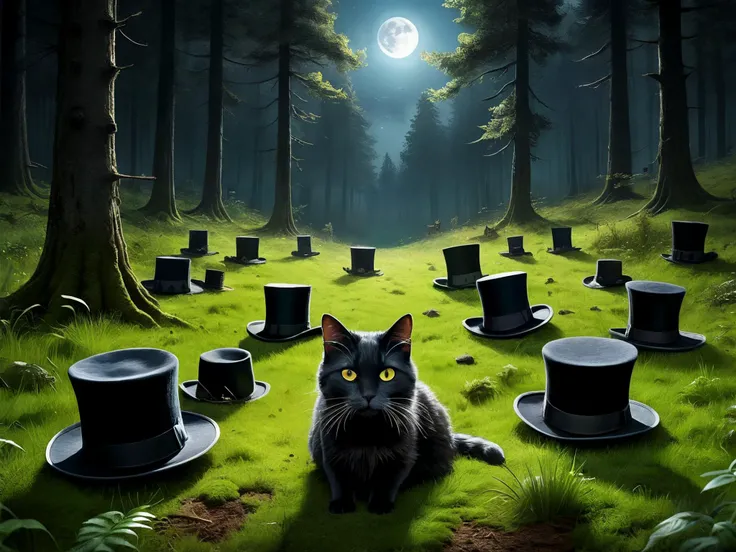 highly detailed, award-winning photography, (4k HDR:1.4),

a dark night, in the middle of a forest, at the bottom of a hill, a small clearing is covered in top-hats lying on the grass, viewed from above, 

a cat walks through the scene,