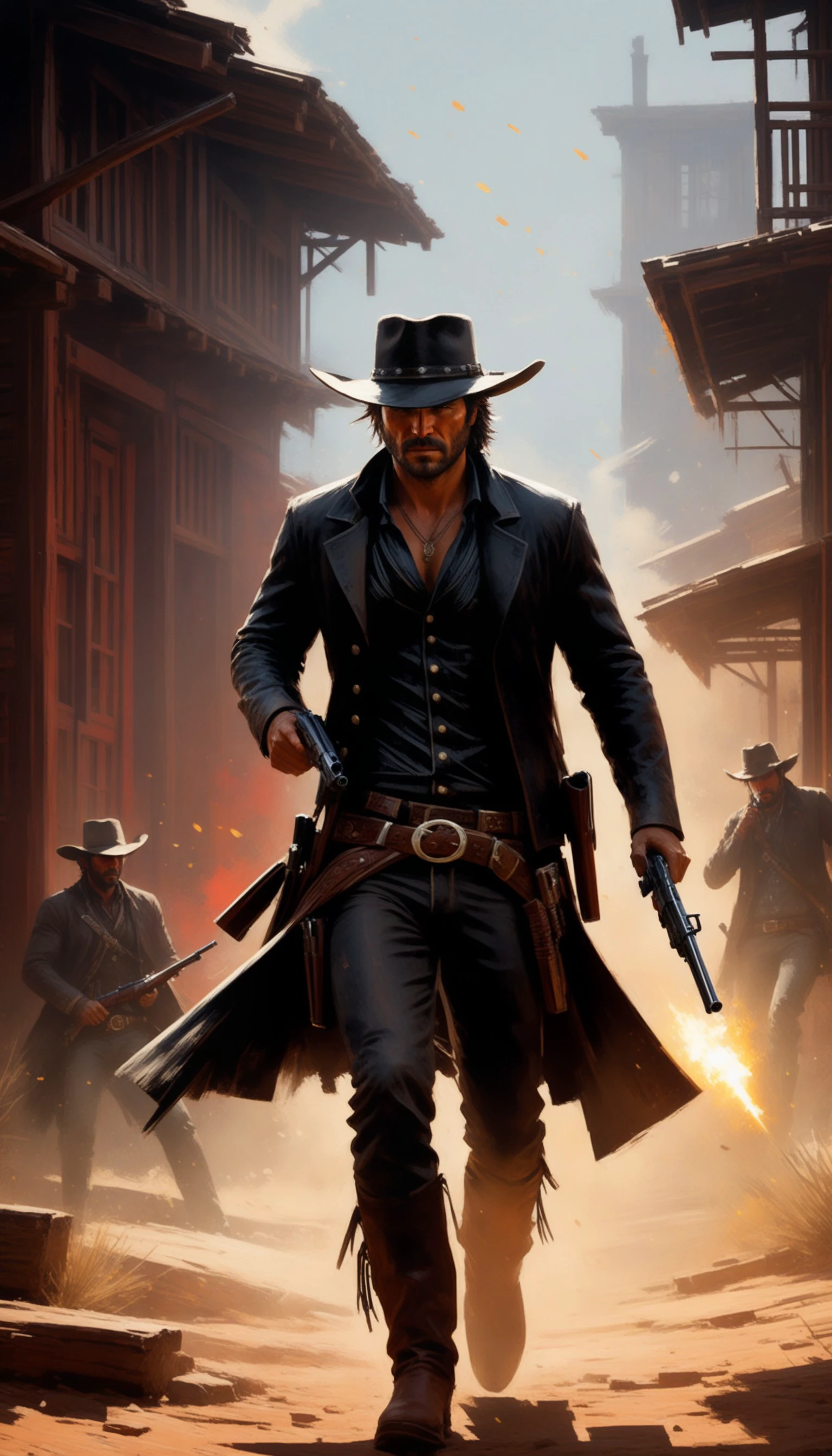 Intricate dynamic action shot of cowboy in a shootout, cinematic Steve Henderson Fabian Perez Henry Asencio Jeremy Mann Marc Simonetti Fantasy, red dead redemption 2 atmosphere, cinematic, photograph